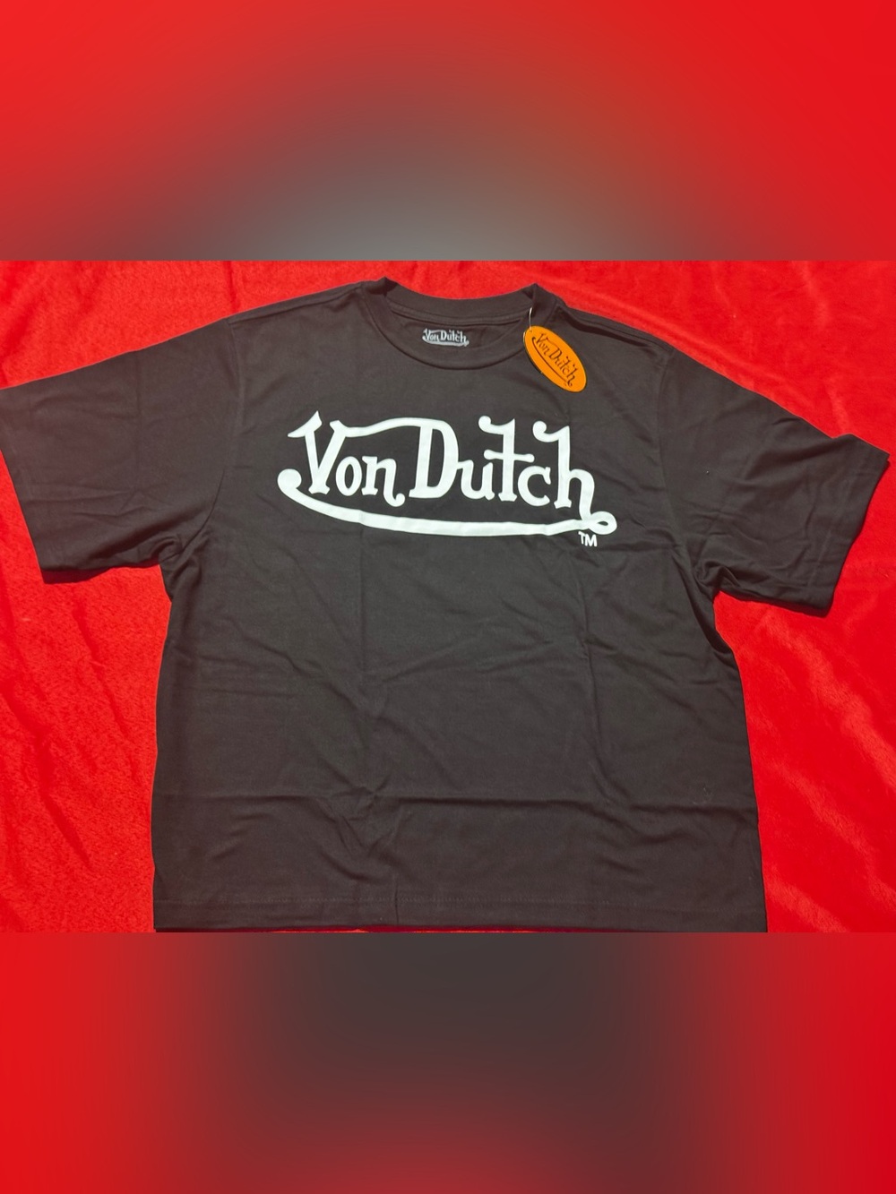 Von Dutch Black Tee with White Script Logo and Tag